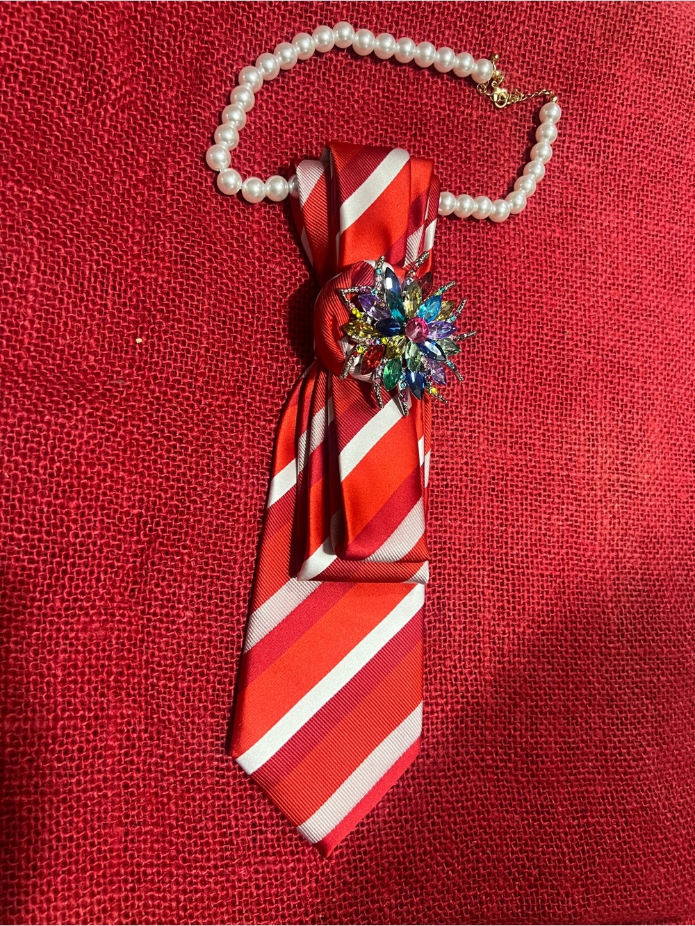 Chic Red Striped Handcrafted Tie Necklace